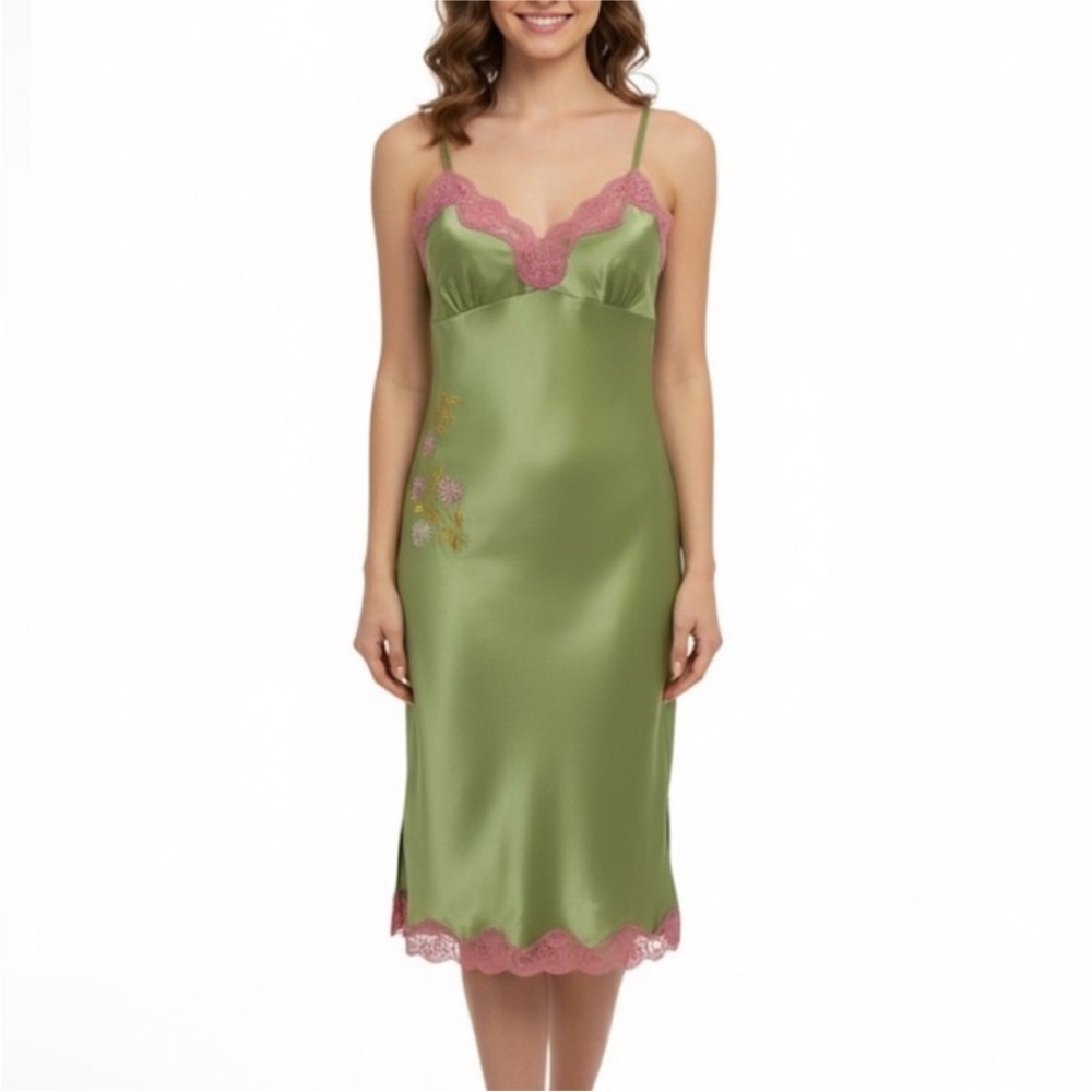 NEW Gold Hawk Silk Slip Dress M Tarragon Green Pink Lace Embroidered Bias Cut